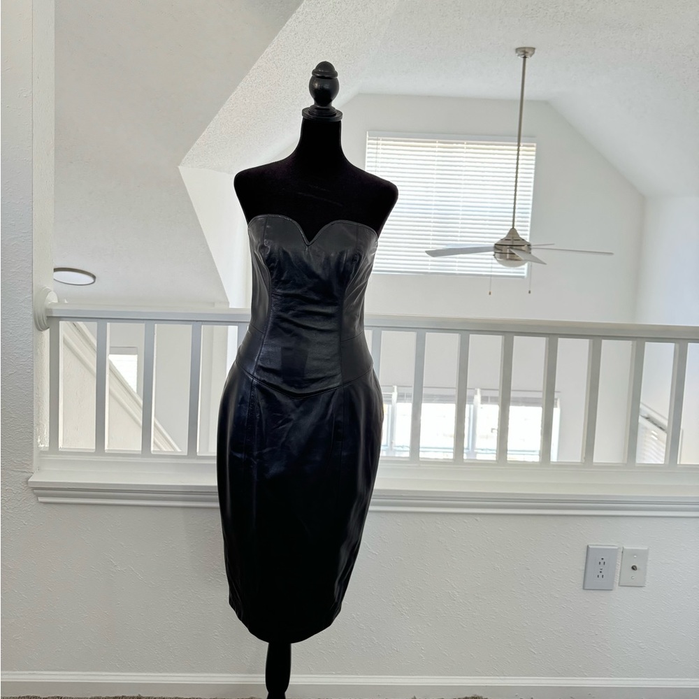 Black leather strapless corset midi